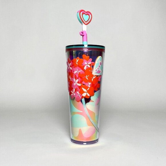 Starbucks Valentine 24oz Cold Tumbler w Silicone Straw Heart Topper Pink New - Picture 1 of 12